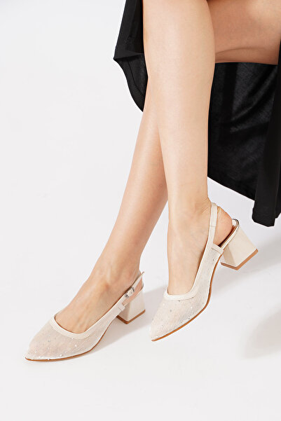 Himushe Benle Arka Açık Taş Detaylı Fileli Kadın Topuklu Ayakkabı Altın