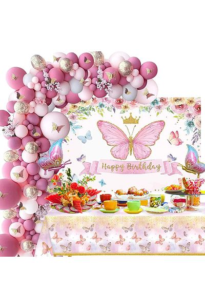 Baloane Vesele Pink Balloon Arch Set With Butterflies Tablecloth And Backdrop ARC153
