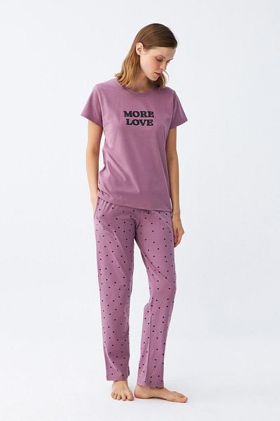Akbeniz Women's Purple Star Pattern Combed Cotton Short Sleeve Pajama Set