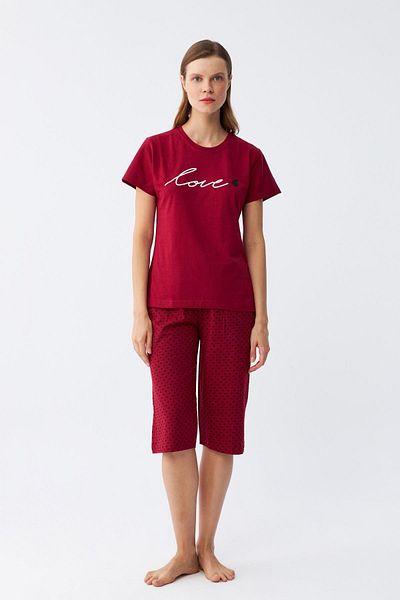 Akbeniz Set de pijamale Capri cu model de inimă de damă bordeaux