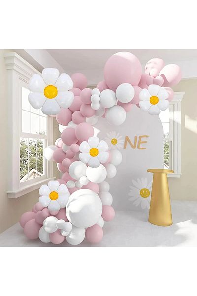 Baloane Vesele Balloon Arch Birthday Baptism Pink White With Daisies ARC154
