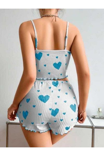 Ruselin Women's White Heart Patterned Mini Shorts Bustier Set