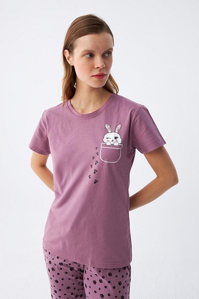 Akbeniz Women's Purple Paw Rabbit Printed Pajama Set with Pockets