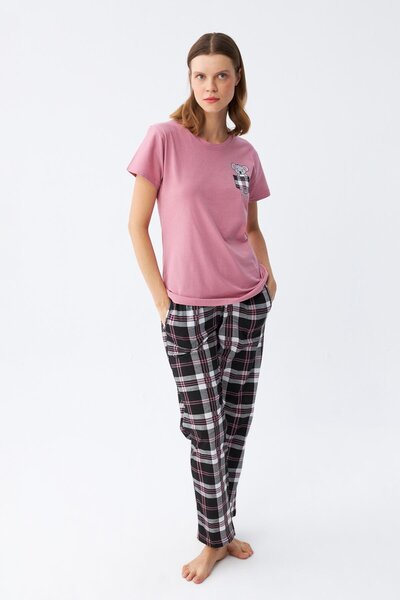 Akbeniz Women's Salmon Teddy Bear Printed Plaid Combed Cotton Pajama Set