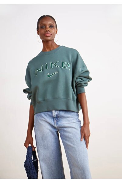 Nike Sportswear Phoenix Fleece Over-Oversized Crew-Neck Logo Yeşil Kadın Sweatshirt