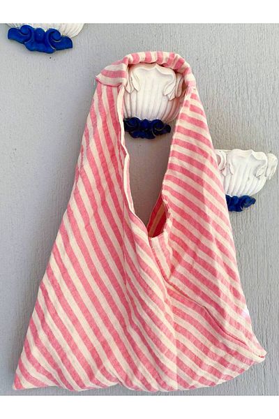 girlsybags Striped Pink Tote Bag Fabric Tote Bag 30X40 cm Muslin Shopper Bag Beach Bag Cloth Bag Lined