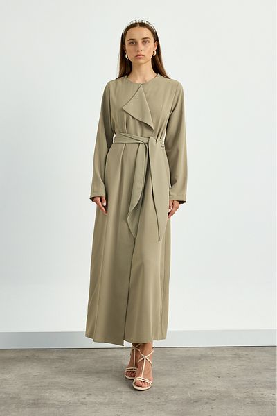 Birgül Bektaş Khaki Collar Detailed Belted Dress