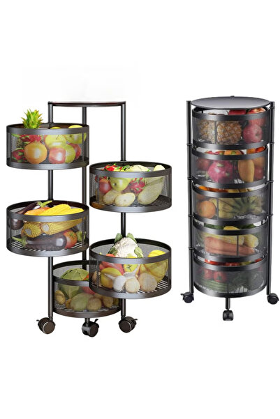Primo Plus 5Tier Round Movable Iron Vegetable Basket with Wheels - Black