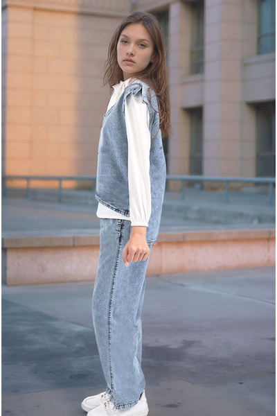 Pantulux Young Girl 100% Cotton Set of 3 Sets Suit Jeans Pants-Jeans Vest-Chiffon Shirt