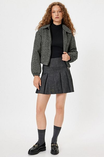 Koton Hooded Herringbone Patterned Zippered Bomber Jacket with Pockets