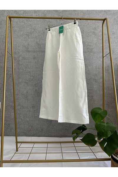EMZEYN Women's White Wide Leg Linen Summer Trousers
