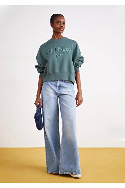 Nike Sportswear Phoenix Fleece Over-Oversized Crew-Neck Logo Yeşil Kadın Sweatshirt