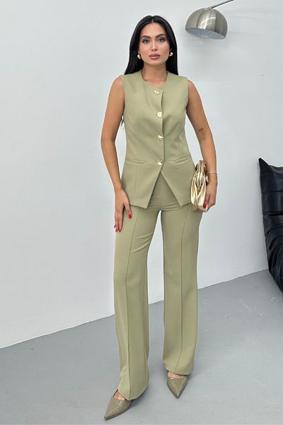 spirituel Women's Double Bottom Top Set Stylish Button Detailed Crew Neck Regular Vest Pants Set