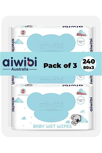 Aiwibi 100% Skin-Friendly Baby Wet Wipes 80 Sheets - Pack of 3 (240 Pcs)
