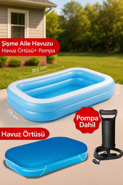 jetlegelsin Dikdörtgen Şişme Aile Havuzu Pompa ve Havuz Örtülü (262x175x51cm)