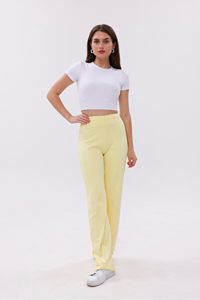 Leggfly Kadın Boru Paça Tayt Pantolon Sarı Nervürlü Rahat Ve Şık Görünümlü Günlük Toparlayıcı Yüksek Bel
