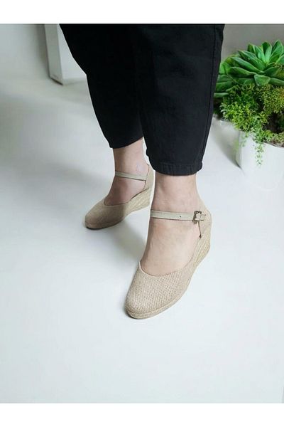 GokceKundura06 Linen Women's Sandals Wedge Heel