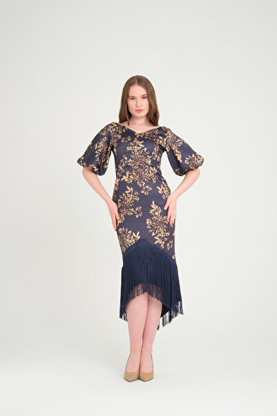 Stylish فستان أنيق ماكسي باللون الكحلي مزين بالهدب