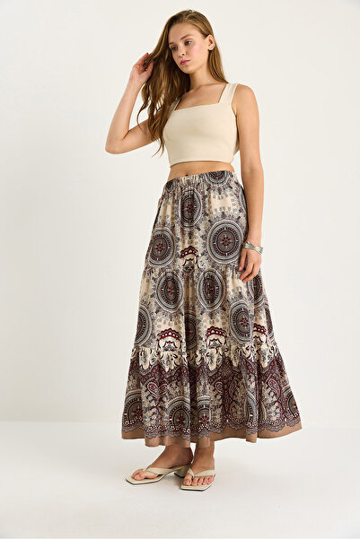 Bianco Lucci Women's Patterned Elastic Waist Long Vsicon Skirt 8045 60283479