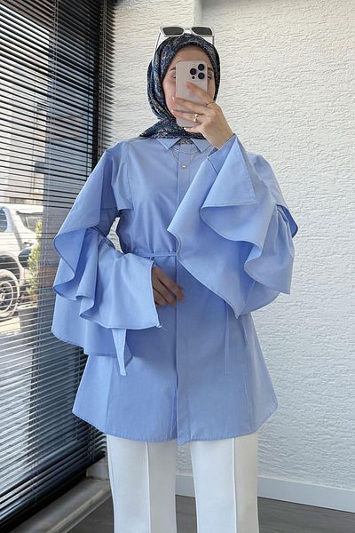 MELEK ARAZ Premium Sleeve Flounce Poplin Tunic – Blue