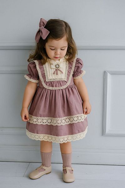 Minigimin Cicileri My Little One's Pimples Vintage Laced Girls Short Sleeve Dress with Brooch - Purple