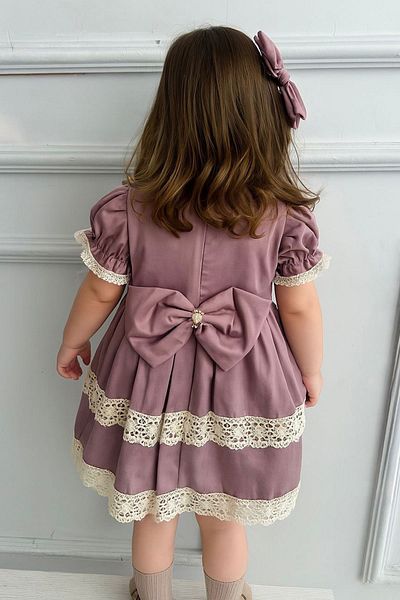 Minigimin Cicileri My Little One's Pimples Vintage Laced Girls Short Sleeve Dress with Brooch - Purple