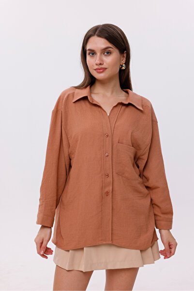 LA PANTE قميص نسائي بجيب أمامي بدون أكتاف قميص نسائي بني فضفاض قصة فضفاضة قمي...