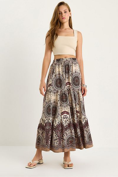 Bianco Lucci Women's Patterned Elastic Waist Long Vsicon Skirt 8045 60283479