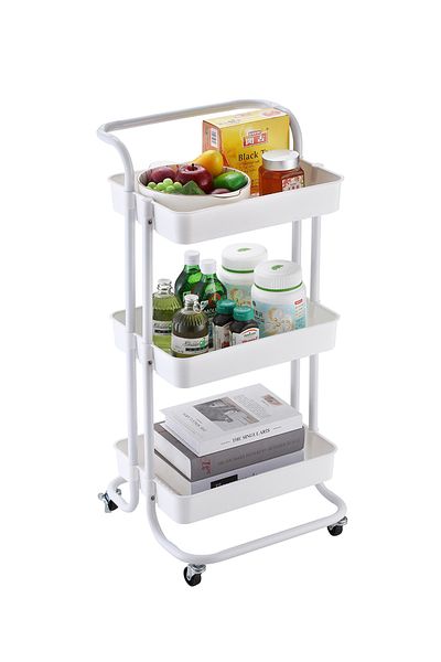 Lawazim 3-Layer Plastic Storage Trolley - White Rolling Basket Cart with Handle & Swivel Wheels