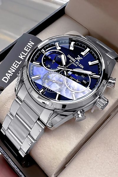Daniel Klein Exclusive Men's Wrist Watch 3 Atm Waterproof Silver Blue Color Steel Cord Gift Bracelet Dke2134C1