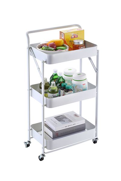 Lawazim Folding Trolley Armrest Style - 3 Layer Carbon Steel Rolling Storage Cart with Handle