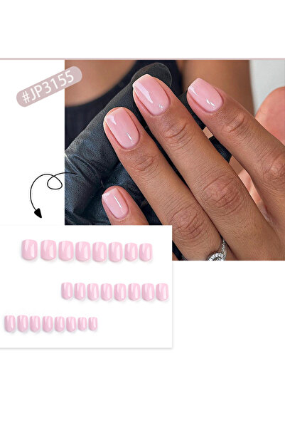 TipsArt Pembe Düz Kısa 24’lü Takma Tırnak Seti ve Zararsız Yapıştırıcı