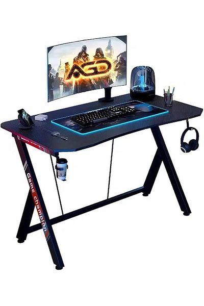 AGD Modern Z-Shaped Computer Gaming Table, with Cup Holder and Headphone Holder, Durable Metal Frame, 12