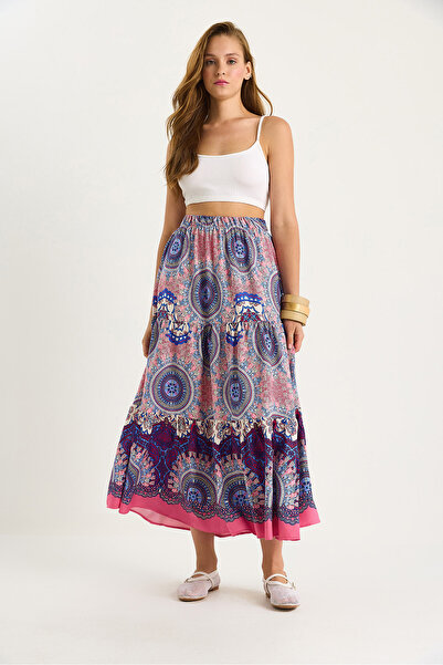 Bianco Lucci Women's Patterned Elastic Waist Long Vsicon Skirt 8045 60283479