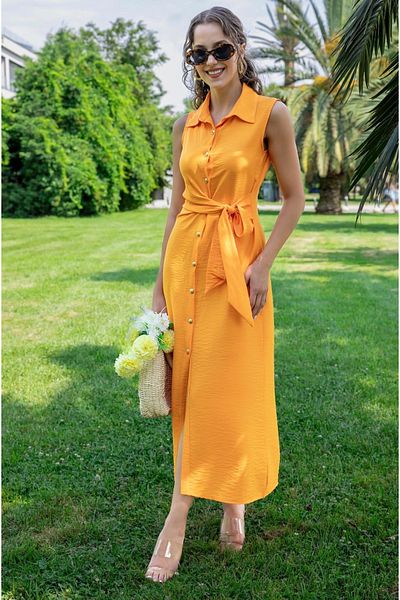 Afiş Butik Orange Waist Tie Linen Shirt Dress