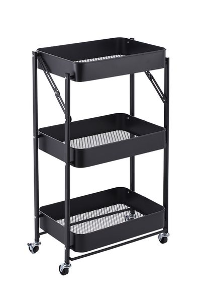 Lawazim Folding Trolley No Handrail Style - 3 Layer Carbon Steel Rolling Storage Cart with Casters