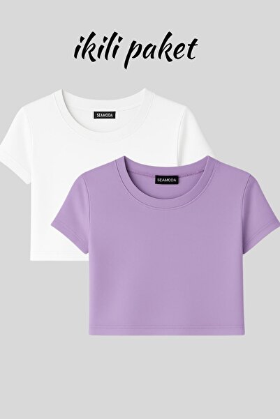 Seamoda Double Pack Crew Neck Short Sleeve Crop Rib Tshirt Lila-Broken White