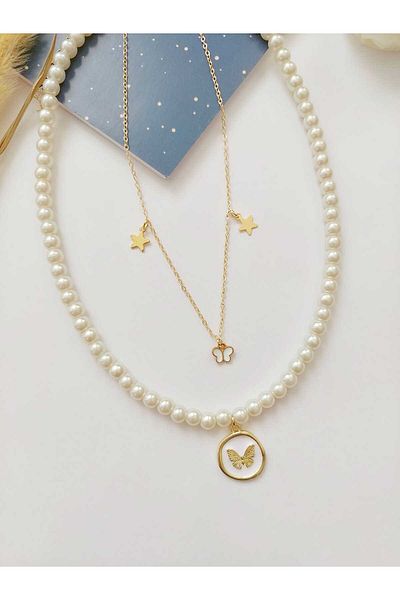 REN AKSESUAR Pearl Butterfly Lacquer Coated Necklace Set 2 Pcs