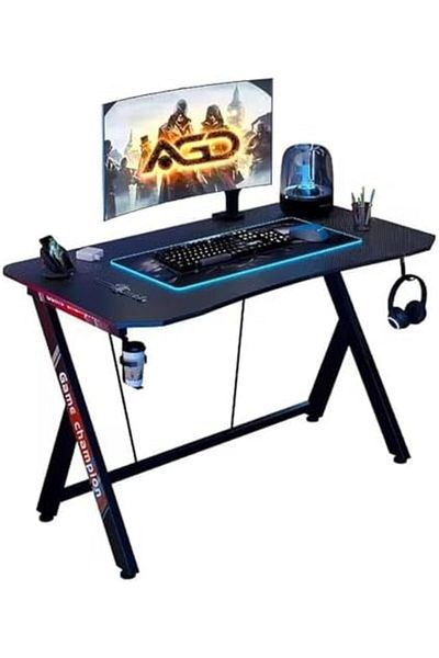 AGD Modern Z-Shaped Computer Gaming Table, with Cup Holder and Headphone Holder, Durable Metal Frame, 12