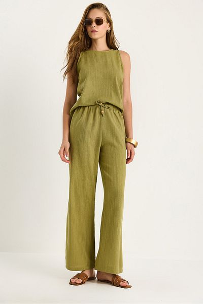 Bianco Lucci Women's Linen Blouse Trousers Set 3392 60283483