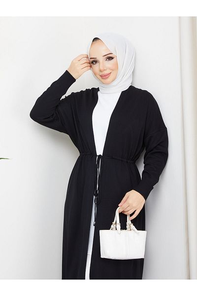 Pamuk Butik Women's Mercerized Waist-Tied Knitwear Cardigan Black