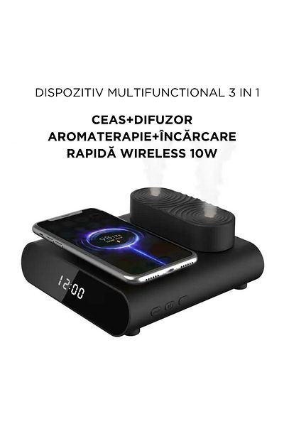 Konzmann Difuzor aromaterapie cu incarcator wireless de 15 W si ceas de noptiera cu afisaj digital