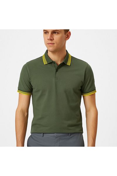 LACİVERTMEN 2988 Premium Olive Polo Shirt Featuring Yellow Contrast Collar and Cuffs Polo Neck T-Shirt