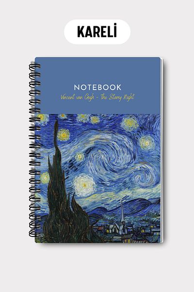 Eldesen Tasarım Van Gogh A5 Spiral Checkered School Notebook, 50 Sheets 100 Pages, Cardboard Cover Notepad