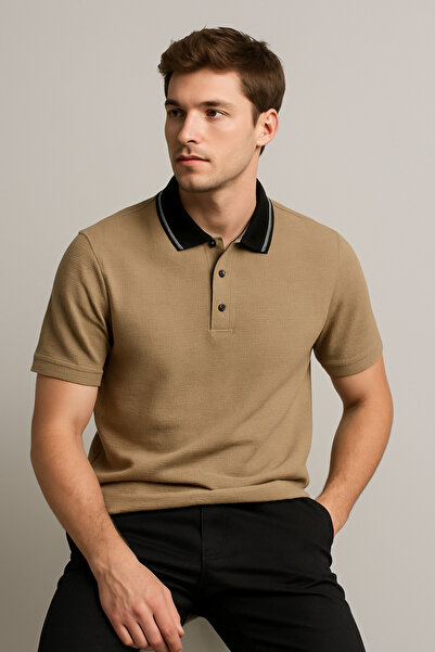 UOMOPARK Navy Blue 2761-1 Urban Contrast Collar Premium Waffle Texture Polo Shirt