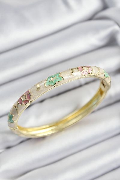 Store Mineli Brass Pink Green and Cream Flower Motif Gold Color Women's Handcuffs