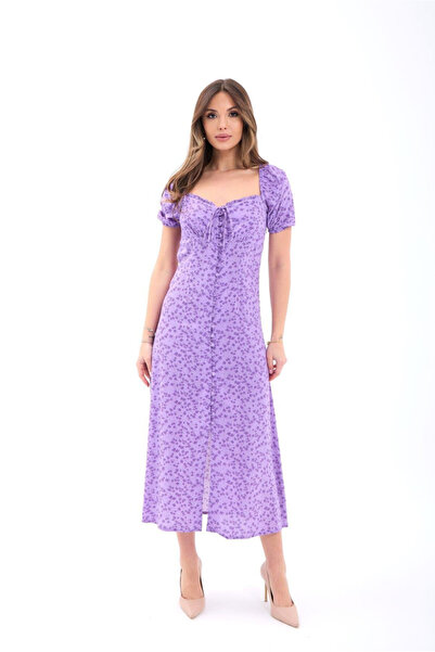 perla wear Çiçek Desenli Kare Yaka Elbise