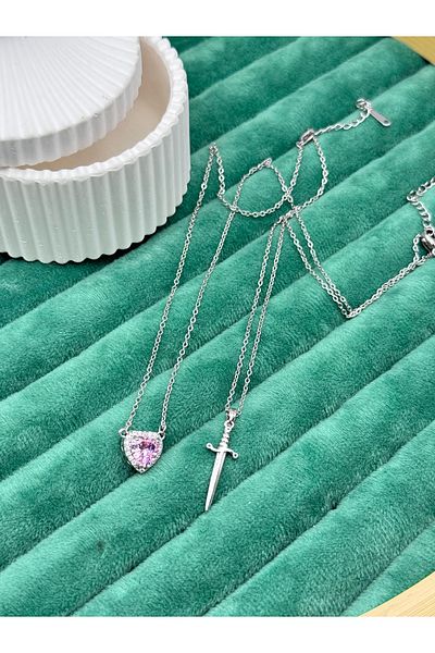 ilvesa shop Heart and Sword Zircon Stone Steel Lover Necklace