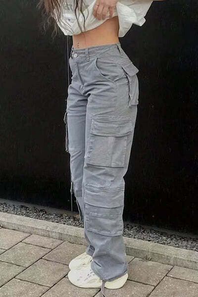 StreetWear Outlet Women's High-Waisted Cargo Pants with Multiple Pockets, Y2K Style