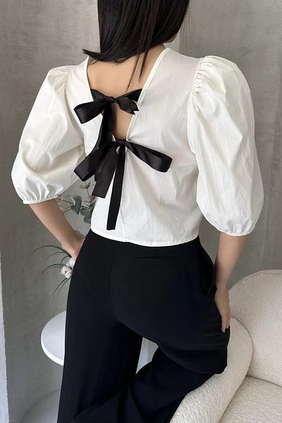 OLSAMODA Women's Back Satin Bow Poplin Bluz
